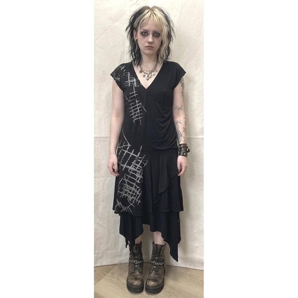 Vassalli Italy Whimsigoth Art Grunge Black Graphic Asymmetrical Dress Sz 50 US14